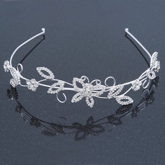 Rhodium Plated Crystal Butterfly Floral Tiara Headband for Weddings Proms main image 5